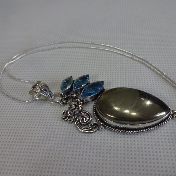 Stunning "APACHE PYRITE & BLUE TOPAZ" Handmade Sterling Necklace/Chain #481A - Picture 3 of 3